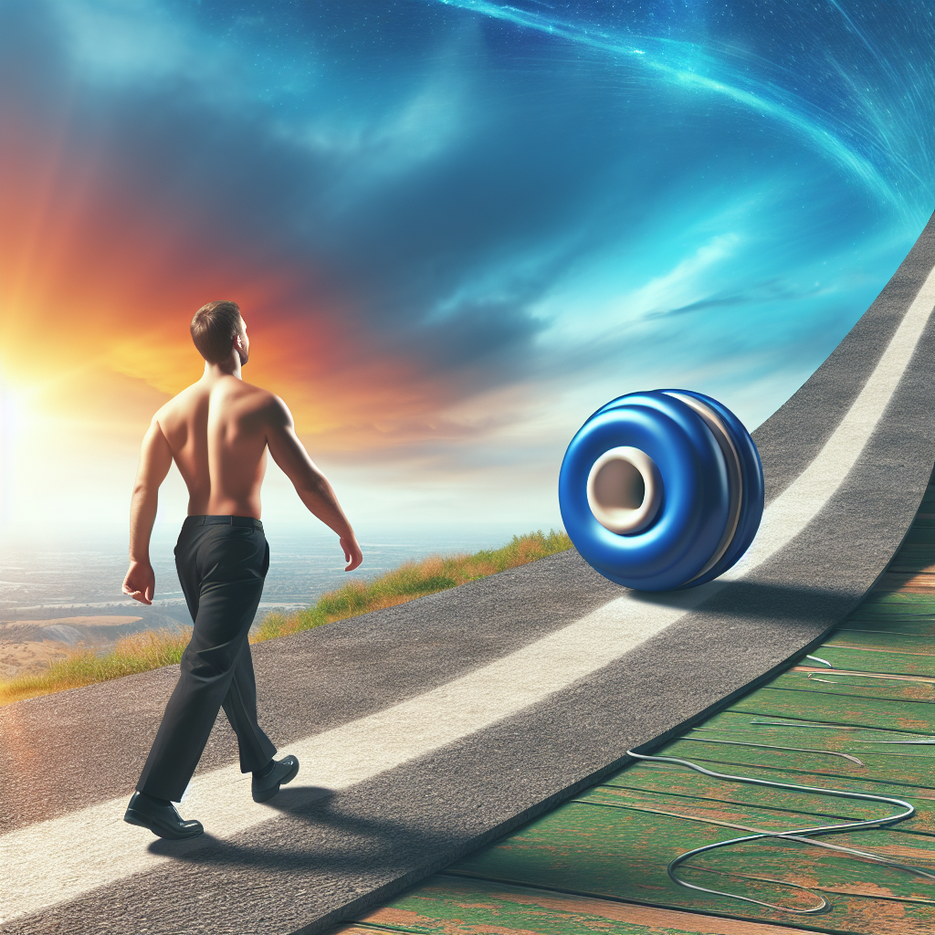 A person with a healthy, vibrant physique confidently walking on a smooth, gently upward-sloping path. In the background, a tangled, broken yo-yo lies forgotten on a jagged, descending path, symbolizing the end of the yo-yo effect and the beginning of sustainable weight loss. Bright, optimistic, and clean aesthetic, emphasizing long-term well-being.