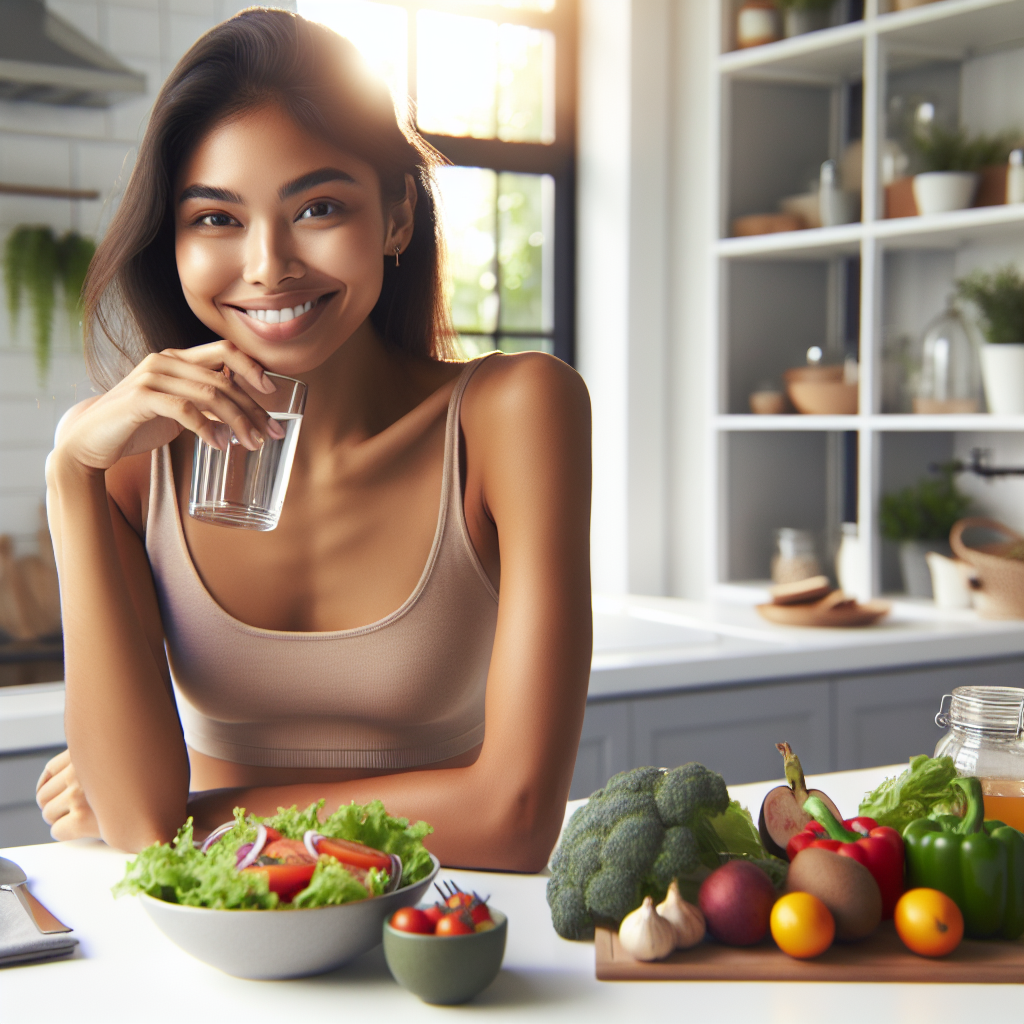 A person looking relaxed and content in a bright, modern home kitchen, casually sipping a glass of water while preparing a simple, healthy meal like a fresh salad. Fresh vegetables and fruits are artfully arranged on the counter. The scene conveys a sense of peaceful, everyday healthy living, with no visible signs of exercise or strenuous activity, emphasizing easy lifestyle changes for weight loss.