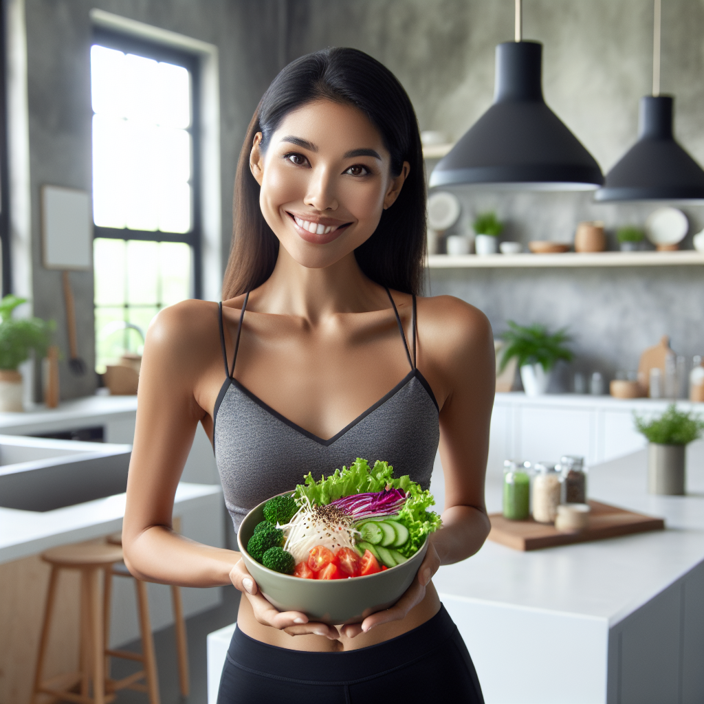 A happy, confident person, looking healthy and slender, is standing in a bright, modern kitchen, holding a colorful plate of fresh, healthy food (like a salad or a Buddha bowl). There are no sports equipment or gym elements visible in the scene. The overall atmosphere is calm, positive, and focused on wholesome eating and daily well-being, suggesting effortless weight management through diet and lifestyle choices.
