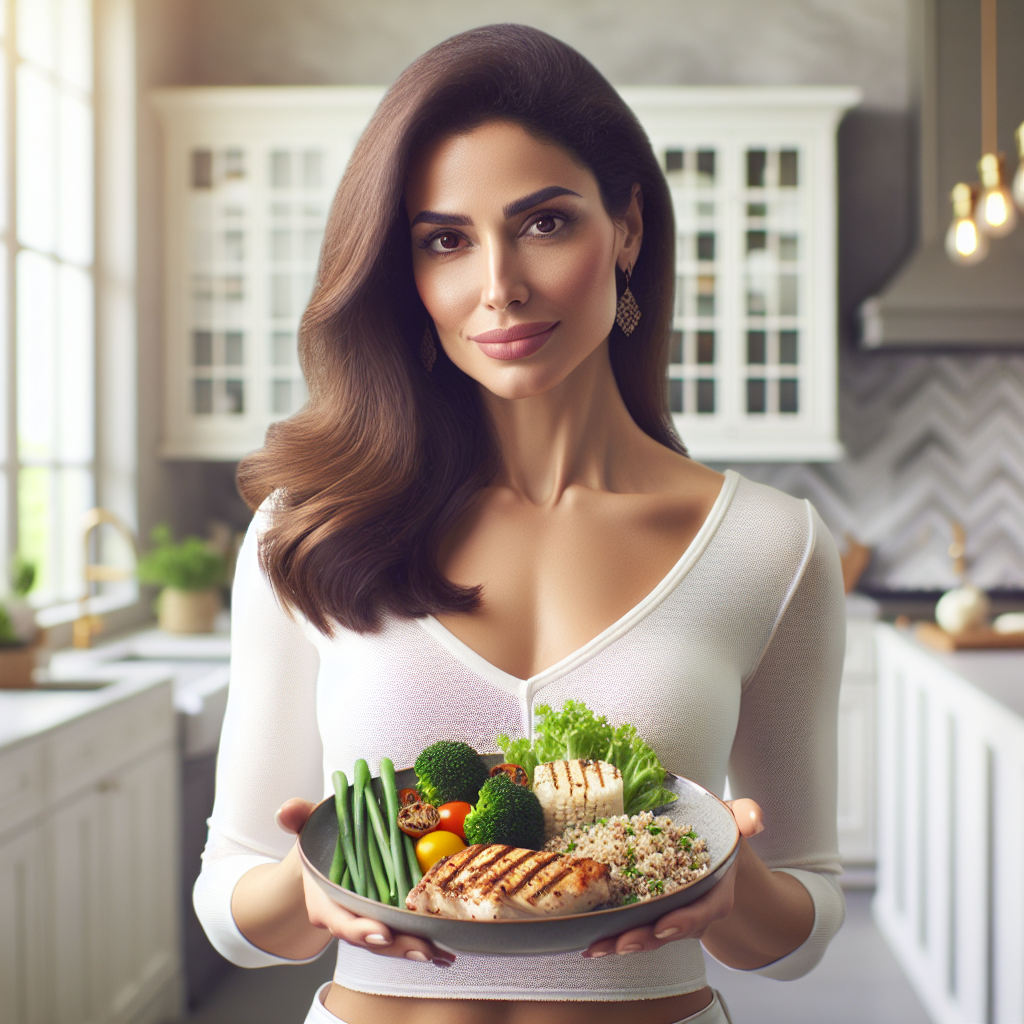 A serene, confident person in their 30s-40s, with a healthy, natural glow, standing in a bright, modern kitchen. They are holding a colorful plate of balanced, healthy food (e.g., grilled chicken, quinoa, fresh steamed vegetables). The overall scene conveys a feeling of sustainable well-being, long-term health, and successful, stable weight management without any signs of extreme dieting or struggle. Soft, inviting lighting, natural colors, realistic style, high detail. Focus on consistent progress and a healthy lifestyle, avoiding any visual elements suggesting yo-yo dieting.