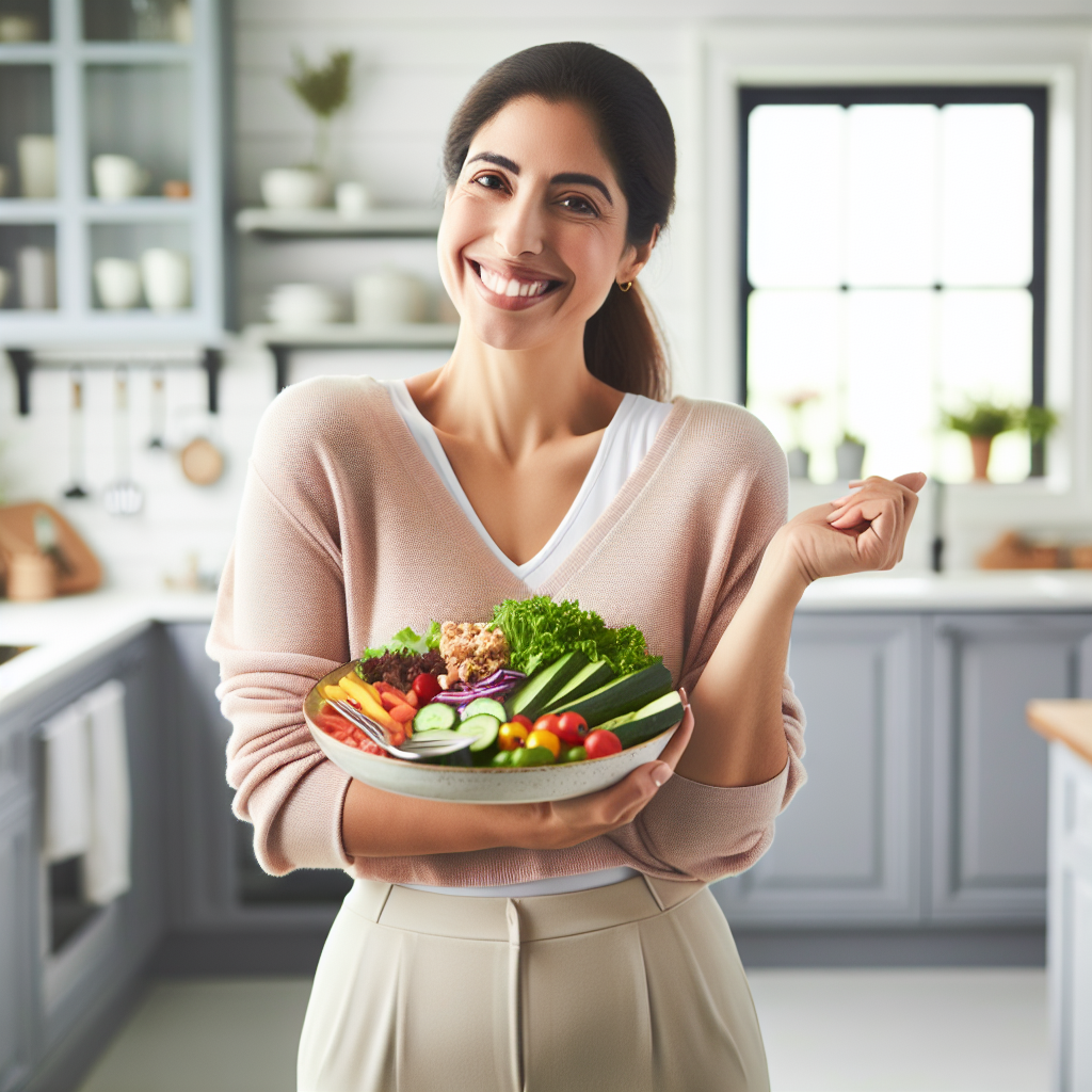 A happy, confident person looking visibly slimmer and healthy, standing in a bright, modern home kitchen, gently holding a plate of colorful, nutritious food like a large salad or a balanced meal. There is no gym equipment or active exercise shown. The scene emphasizes ease and successful weight loss through mindful eating and everyday habits, with soft, natural lighting.