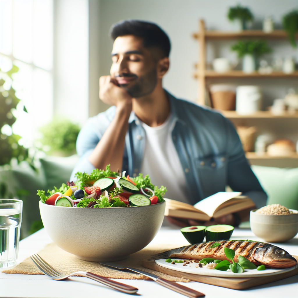 A serene and brightly lit scene illustrating a healthy and sustainable approach to weight loss without exercise. On a clean kitchen or dining table, a vibrant, balanced meal is laid out: a colorful fresh salad with leafy greens and various vegetables, a portion of lean grilled fish or chicken, a glass of water, and perhaps a small bowl of whole grains. In the background, a person looks relaxed and content, perhaps enjoying a quiet moment with a book or cup of tea, conveying a sense of well-being and effortless healthy living. The overall atmosphere should be peaceful, calm, and emphasize good nutrition and daily habits over strenuous physical activity. No sports equipment or workout attire should be visible.
