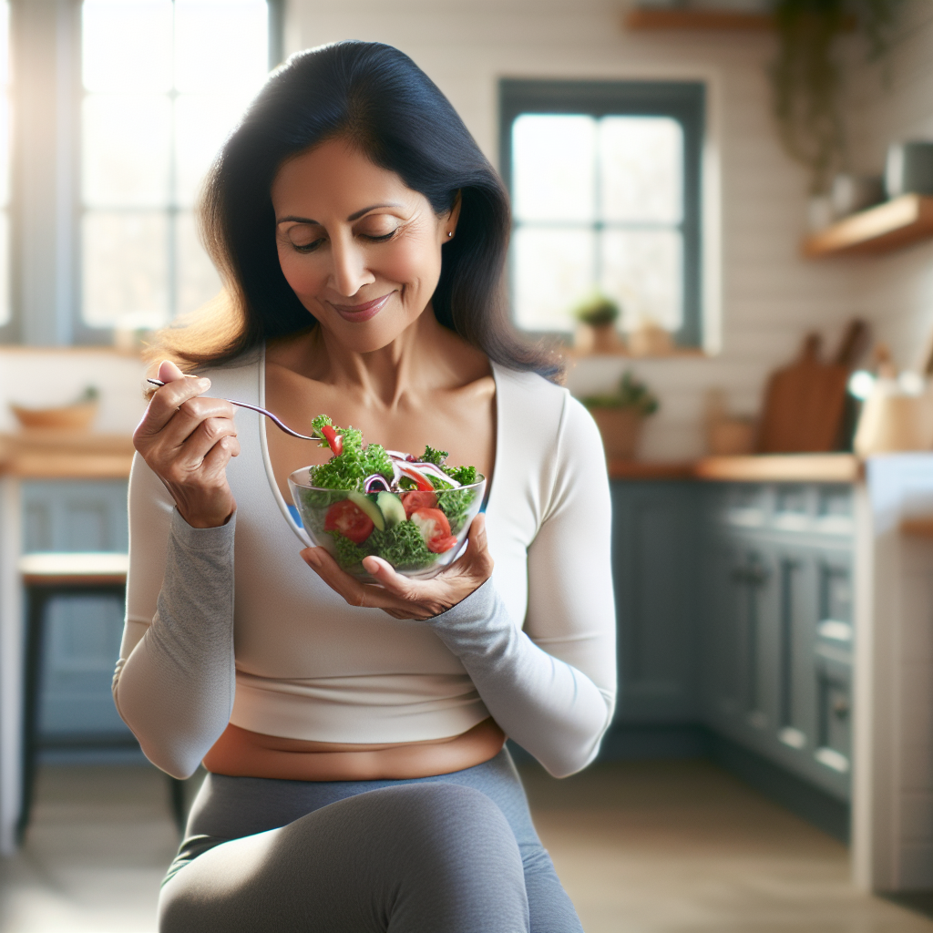A person, looking healthy and content, is casually enjoying a delicious, colorful salad or a light, fresh meal at a bright, inviting kitchen table at home. They are dressed in comfortable, everyday clothes, not sportswear. No sports equipment or gym gear is visible anywhere in the scene. The atmosphere is peaceful and relaxed, conveying a sense of effortless well-being and successful weight management through mindful eating, without strenuous activity. Soft, natural lighting enhances the serene mood.