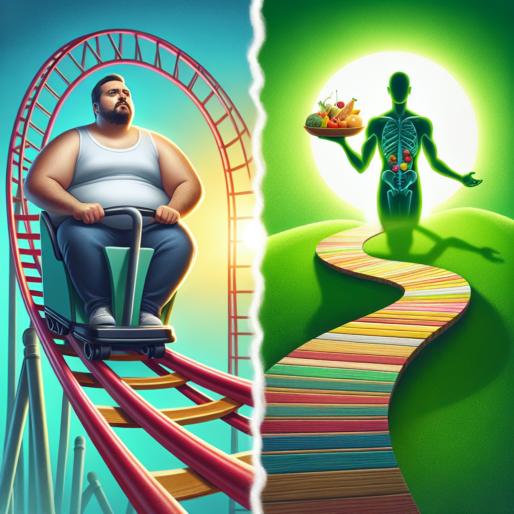 A split image contrasting the 'Jojo effect' with 'sustainable weight loss'. On the left, a person is shown on a roller coaster of weight gain and loss, looking frustrated, with a visual representation of a yo-yo. On the right, the same person is calmly and confidently walking on a steady, upward green path towards a healthy, fit silhouette, holding a plate with a balanced, delicious meal. The scene is bright and optimistic, emphasizing lasting success and well-being without hunger or stress. The style should be modern and clean.