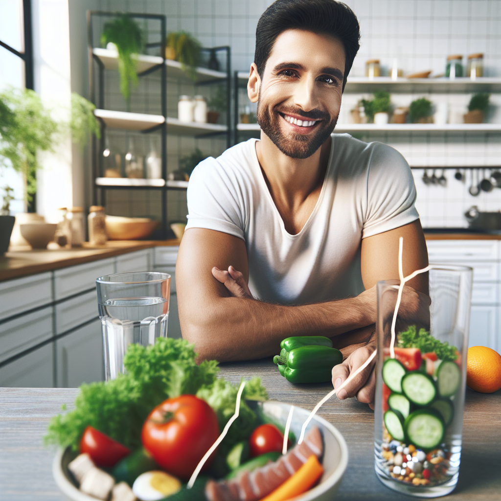 A healthy, smiling person, looking fit and confident, enjoying a balanced, colorful meal (fresh vegetables, lean protein) and a glass of water in a bright, modern kitchen. A broken or cut yo-yo string lies subtly in the foreground, symbolizing lasting weight loss and breaking the cycle of the 'yo-yo effect'. The image should convey a sense of sustainable well-being, freedom from restrictive diets, and a positive, modern lifestyle. Realistic photo style.