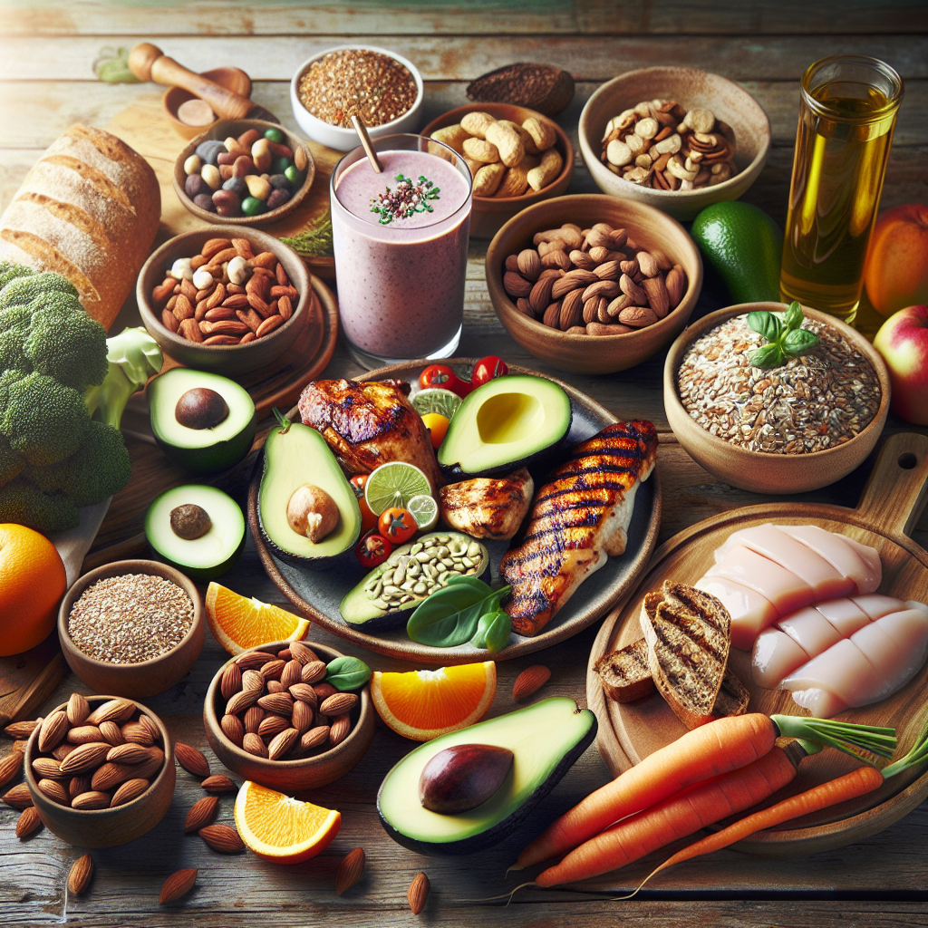 A vibrant, inviting image of a diverse spread of healthy, calorie-dense foods arranged beautifully on a rustic wooden table. Include items like avocados, a bowl of mixed nuts and seeds, whole-grain bread, olive oil, a plate of lean grilled chicken or fish, sweet potatoes, and a glass of a rich smoothie. The scene should convey abundance, nourishment, and a sense of well-being, with soft, natural lighting. Focus on healthy, delicious options for effective weight gain.