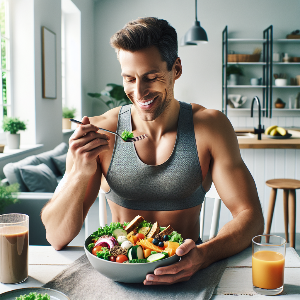 A person (diverse, gender-neutral) looking healthy, happy, and confident, casually dressed and relaxed, enjoying a vibrant, wholesome, and colorful meal (e.g., a large salad with lean protein, fresh fruits, and vegetables) at a clean, inviting kitchen table in a well-lit home. There is absolutely no sports equipment, athletic wear, or indication of strenuous exercise visible. The image emphasizes mindful eating and sustainable weight loss through nutrition and lifestyle, without physical exertion. Soft, natural lighting and a clean aesthetic.