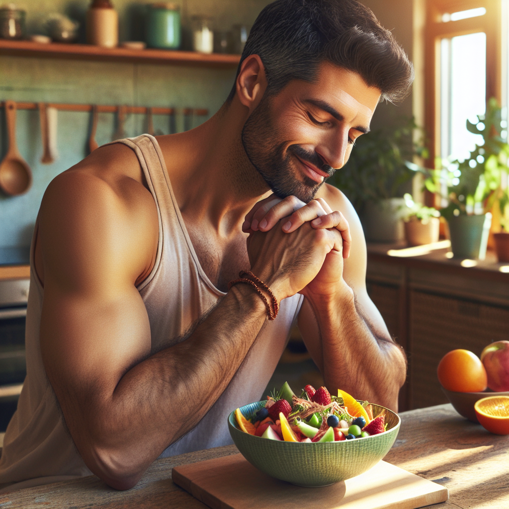 A vibrant, positive image depicting a diverse person in their late 20s-30s, looking content and healthy. They are engaged in a simple, mindful everyday activity that promotes well-being, such as enjoying a delicious, colorful, balanced meal (e.g., a vibrant salad or fruit bowl) at a sunlit kitchen table, or gently stretching in a bright living room. The atmosphere is relaxed, inviting, and full of natural light, conveying a sense of sustainable health, vitality, and freedom from strict diets, emphasizing enjoyment and positive habits. The focus is on a natural, achievable lifestyle change.