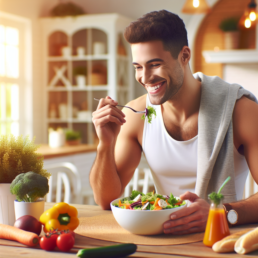 A happy and visibly healthier person, either a man or a woman, in comfortable everyday attire, smiling contentedly while enjoying a delicious and vibrantly colorful healthy meal (e.g., a bowl of fresh salad with lean protein) at a bright kitchen table. The background shows a cozy home environment, distinctly free of any fitness equipment or sports-related items. The overall scene emphasizes effortless well-being and effective weight loss achieved through enjoyable nutrition and simple daily adjustments, rather than strenuous exercise. Bright, inviting atmosphere, realistic style, high resolution.