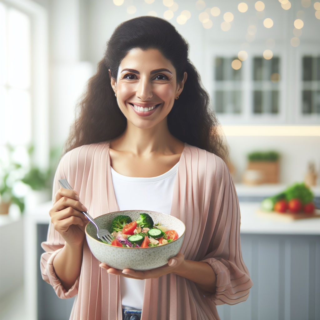 A happy and confident person, visibly having achieved weight loss, smiling gently while holding a plate of delicious, healthy food (such as a colorful salad with lean protein or steamed vegetables) in a bright, modern kitchen. There is no exercise equipment or gym setting visible; the focus is entirely on nutrition and a relaxed, successful approach to shedding pounds. Realistic photograph with natural lighting.