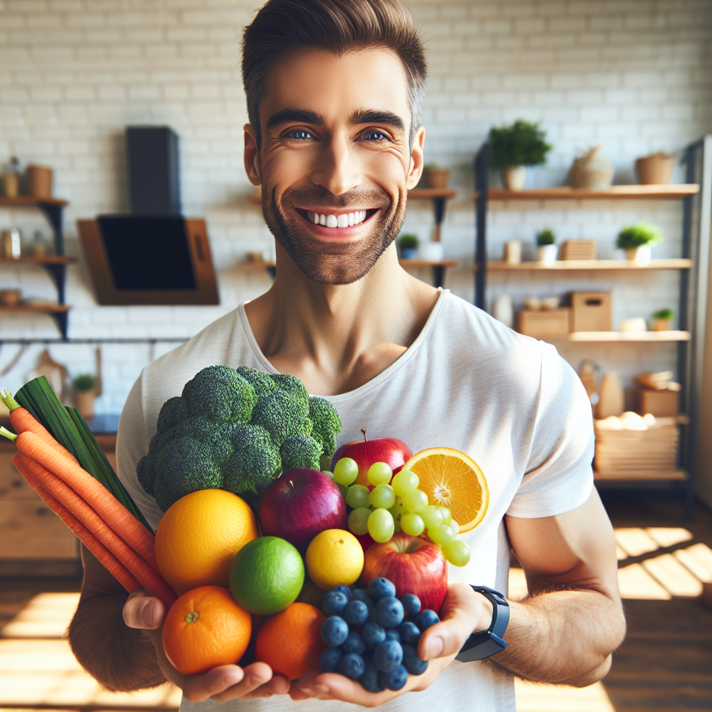 A smiling person, looking healthy and energetic, holding a vibrant plate of fresh fruits and vegetables in a bright, modern kitchen. No visible sports equipment or gym attire. Emphasize a feeling of easy, sustainable well-being achieved through smart eating and healthy lifestyle choices, without any indication of physical exercise. --ar 16:9