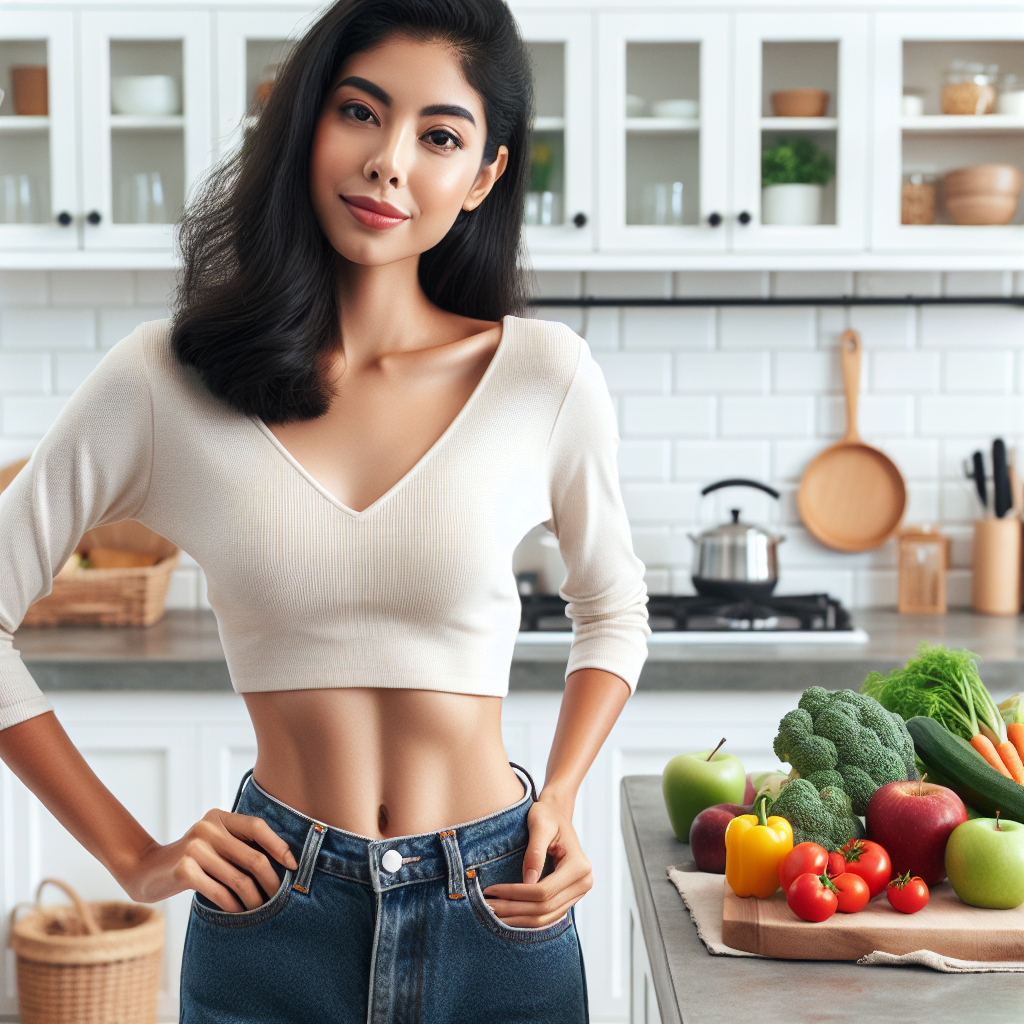 A person with a visibly smoother waistline and reduced love handles, wearing comfortable, casual home attire, stands in a bright, modern kitchen. On the counter, there are various fresh fruits and vegetables. The person looks relaxed and confident, emphasizing a healthy everyday lifestyle without any sports or exercise equipment visible.