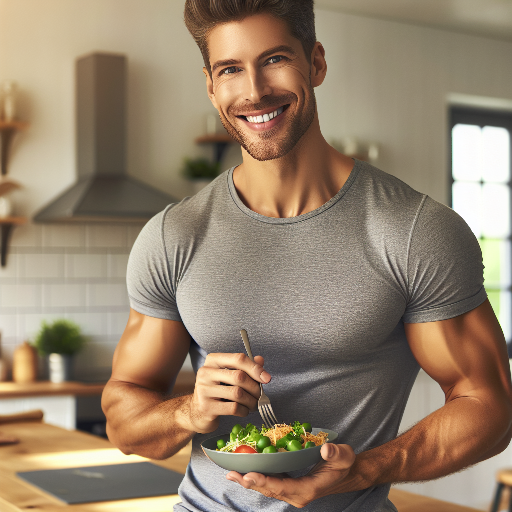 A person with a healthy, natural body type, smiling confidently and radiating well-being, subtly showcasing a toned physique. They are engaged in a relaxed, everyday activity such as enjoying a balanced meal in a bright kitchen, or taking a leisurely stroll in a sunlit park. The atmosphere is light, positive, and emphasizes ease and sustainable health, without any explicit diet tools like scales or restrictive food. Realistic photo style, warm natural lighting.