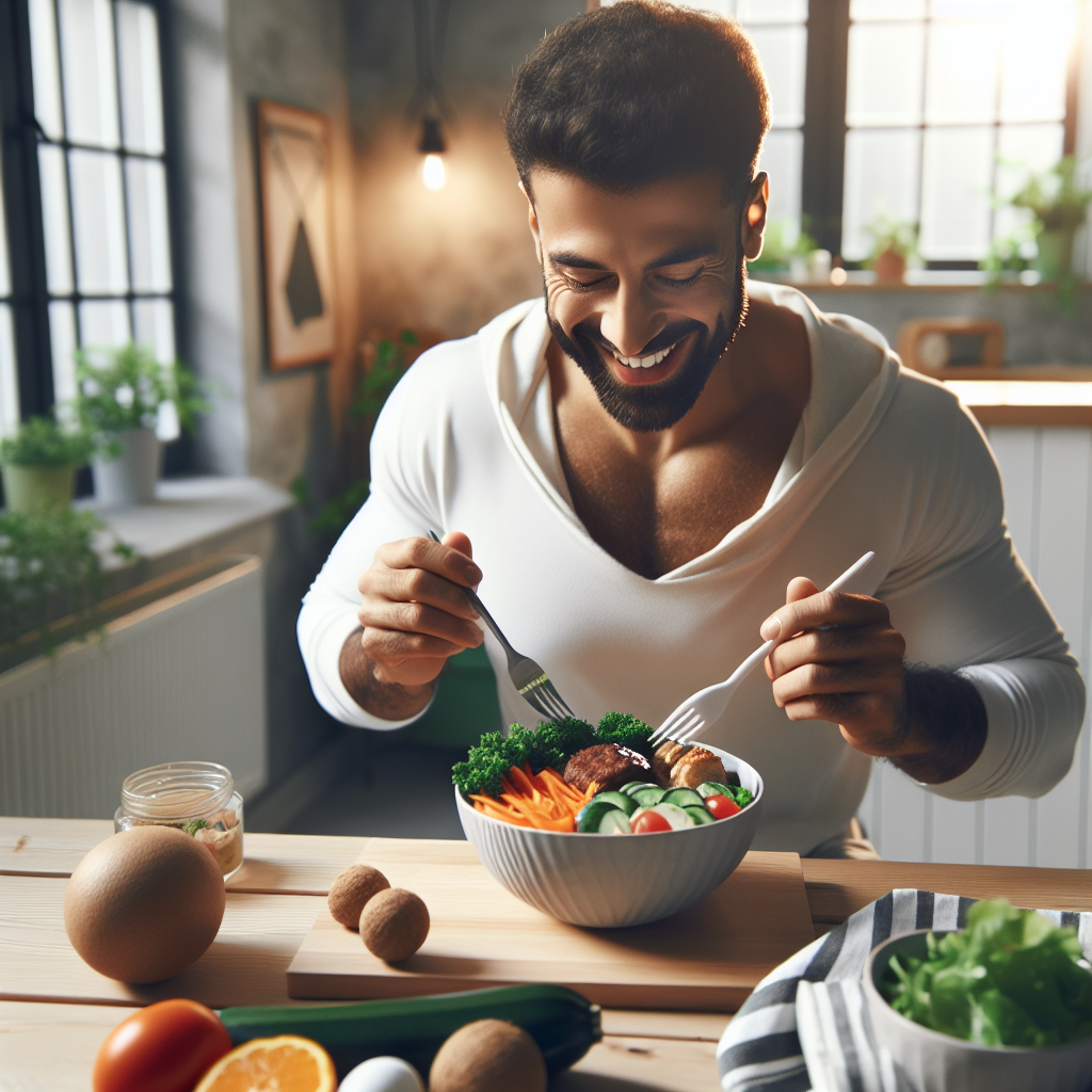 A person, looking healthy and content, enjoying a thoughtfully prepared, vibrant healthy meal (like a colorful salad or a plate with lean protein and vegetables) in a bright, cozy home kitchen or dining area. The focus is on mindful eating and delicious, nutritious food. No sports equipment, athletic wear, or gym environment is visible, emphasizing a lifestyle of well-being through diet and everyday habits, not intense exercise. Soft, natural lighting.