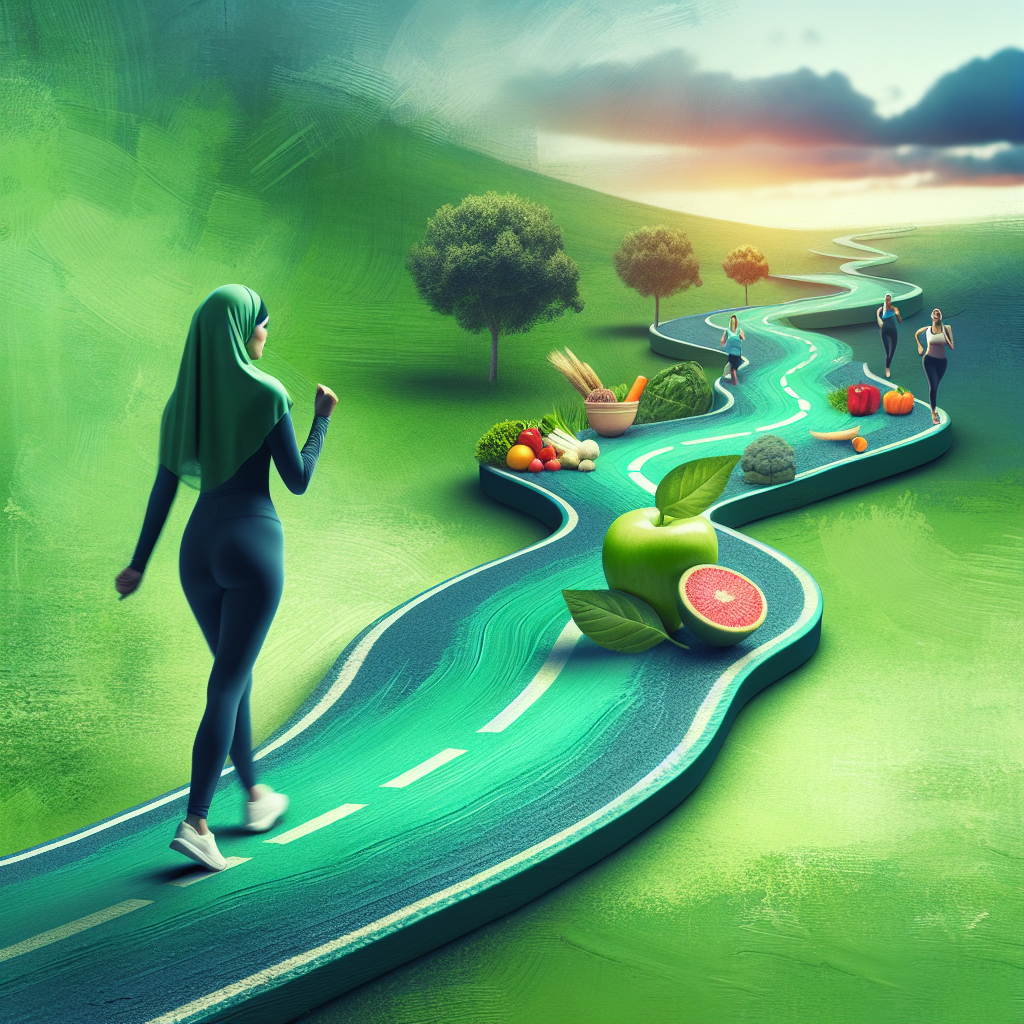 A person walking confidently and steadily on a gently winding, green path that leads upwards towards a serene horizon. The path is well-maintained and symbolizes a sustainable journey. In the background, subtle elements like fresh fruits, vibrant vegetables, and a silhouette of someone light exercising are visible, emphasizing a balanced lifestyle and long-term well-being, without any signs of struggle or rapid ups and downs. The overall mood is hopeful and calm, illustrating sustainable weight loss without the yo-yo effect.