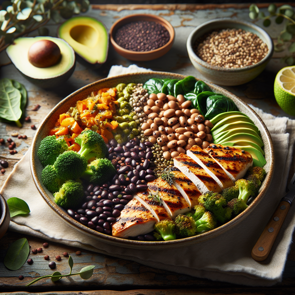A vibrant and healthy Slow Carb Diet meal artfully arranged on a rustic wooden table. The plate features a colorful mix of cooked lentils, black beans, fresh green vegetables like broccoli and spinach, lean grilled chicken or fish, and a side of sliced avocado. The scene is bathed in natural, warm lighting, emphasizing freshness, deliciousness, and a sense of satisfying, wholesome eating. High-quality food photography style, clean background.