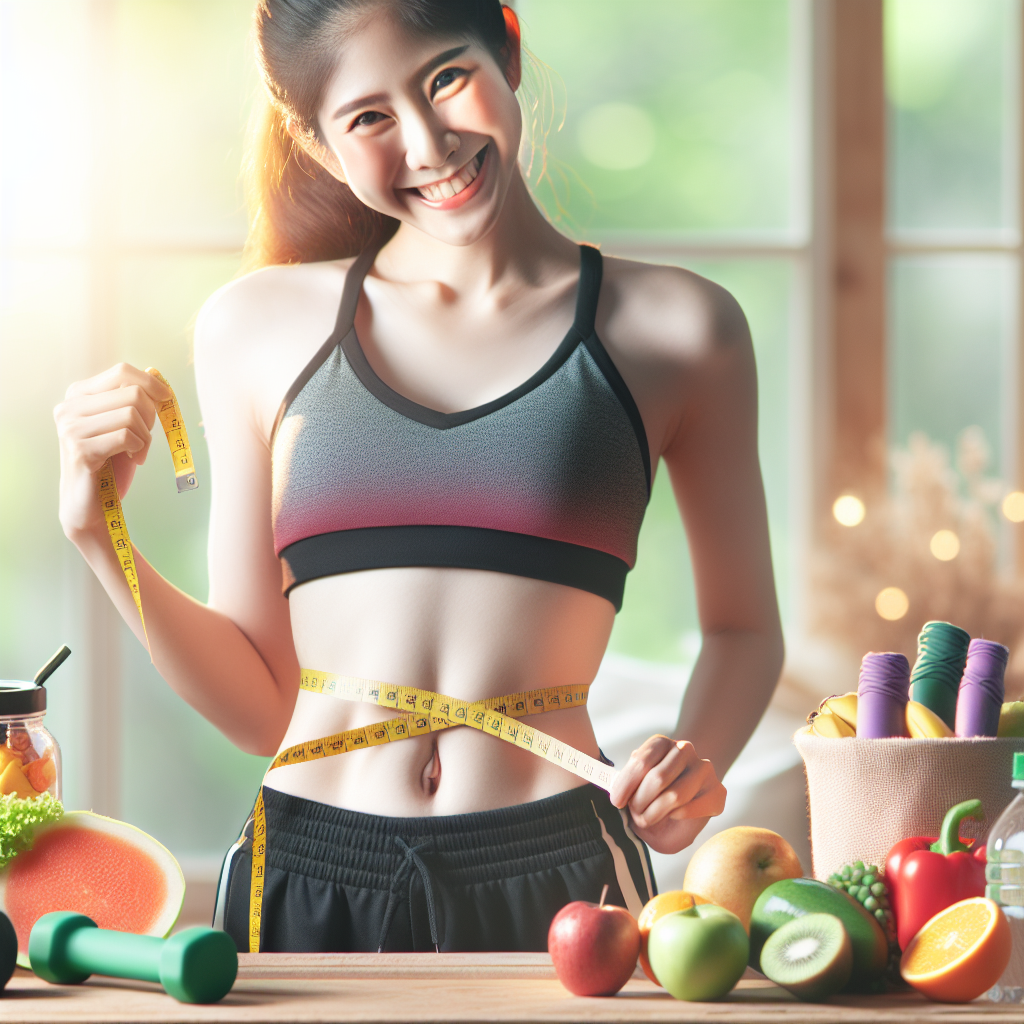 A person with a visibly flatter stomach, looking confident and healthy in athletic wear, subtly highlighting their transformed midsection. They are smiling, perhaps holding a measuring tape that shows a reduced waistline. In the background, elements like fresh fruits, vegetables, and light exercise equipment are softly blurred, symbolizing effective strategies for quick belly fat loss. The image should be bright, motivating, and in a realistic, high-quality photograph style.