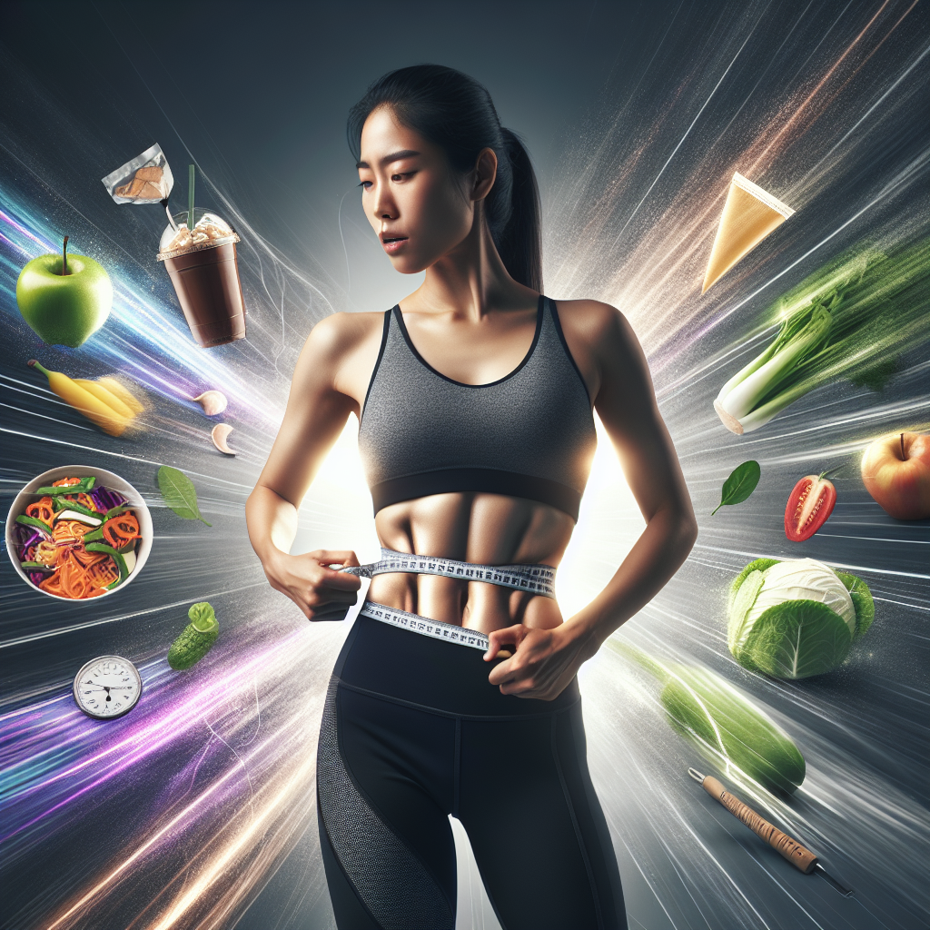 A dynamic and inspiring image of a person, gender-neutral, in athletic wear, confidently touching or showing a visibly flatter stomach, with a sense of energy and rapid progress. In the background, subtle elements like fresh healthy food (vegetables, lean protein) and hints of active movement (like a light gym setting or an outdoor running path) are visible, conveying effective strategies for quick belly fat loss. The overall mood is positive, motivating, and focused on achieving a slim waist quickly. Realistic style with bright, clean lighting.