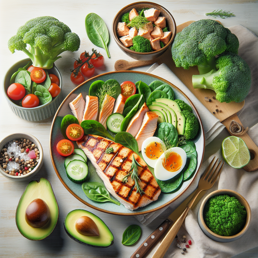 A vibrant and appetizing low-carbohydrate meal spread featuring a beautifully grilled chicken breast, a pan-seared salmon fillet, a fresh green salad with spinach, avocado slices, cucumber, and cherry tomatoes, alongside steamed broccoli and a hard-boiled egg. The arrangement is clean and inviting on a light wooden table, bathed in natural light, emphasizing healthy, delicious, and easy eating. Food photography style, bright and wholesome.