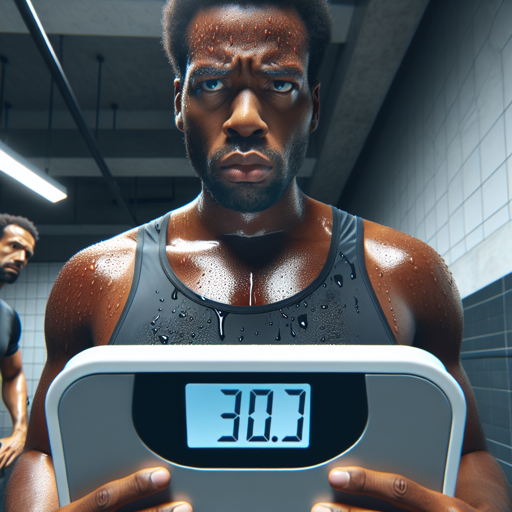A determined person, visibly sweaty and having just completed a strenuous workout (e.g., running or lifting weights) in a modern gym setting, steps onto a digital weight scale. Their initial expression is hopeful, but it quickly shifts to frustration and confusion as the scale displays a weight number that is unchanged or even slightly higher than expected. The lighting emphasizes the effort put into the workout. Realistic photo style.