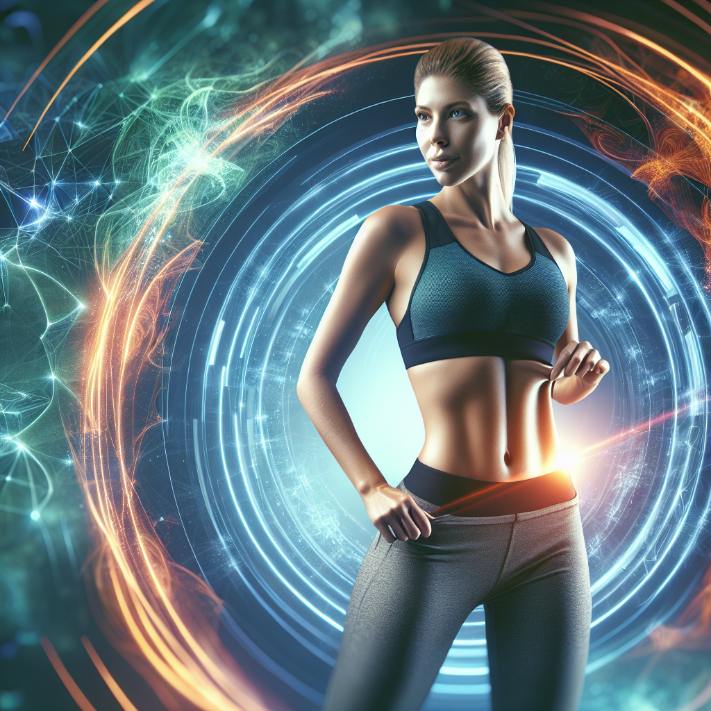 A dynamic and inspiring image of a fit person, either male or female, confidently touching their flat, toned stomach, radiating energy and vitality. Behind them, subtle, glowing lines or abstract energy patterns swirl, symbolizing a 'boosted metabolism'. The color palette should be fresh and motivating, emphasizing health and successful belly fat loss. Full body shot, clean background, modern fitness aesthetic.