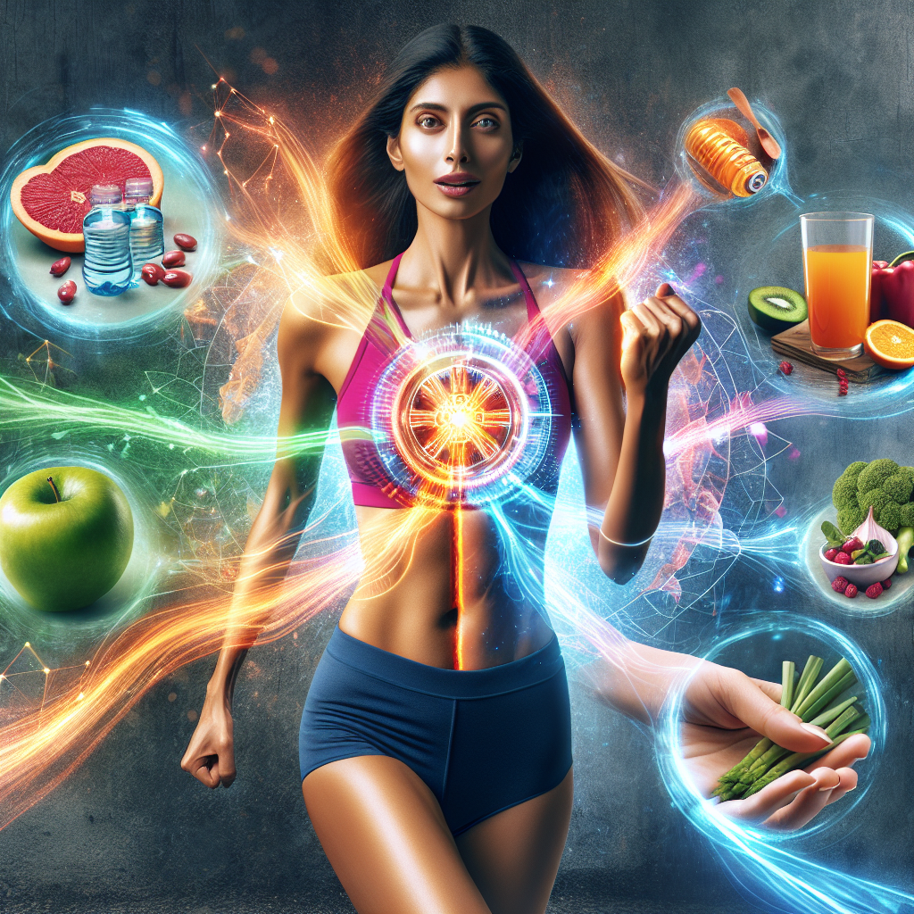 A vibrant and dynamic image illustrating a person with increased energy and vitality, symbolic of an active metabolism. The person appears fit and energetic, perhaps with subtle glowing lines or gears around their core, representing the 'engine of the body' efficiently burning calories. Elements of healthy eating (e.g., fresh fruits, vegetables, water) and light exercise (e.g., a hand holding a running shoe or a yoga mat in the background) should be present. The overall mood is positive, invigorating, and emphasizes well-being, energy, and successful weight loss. Realistic photo style with bright, inviting colors.