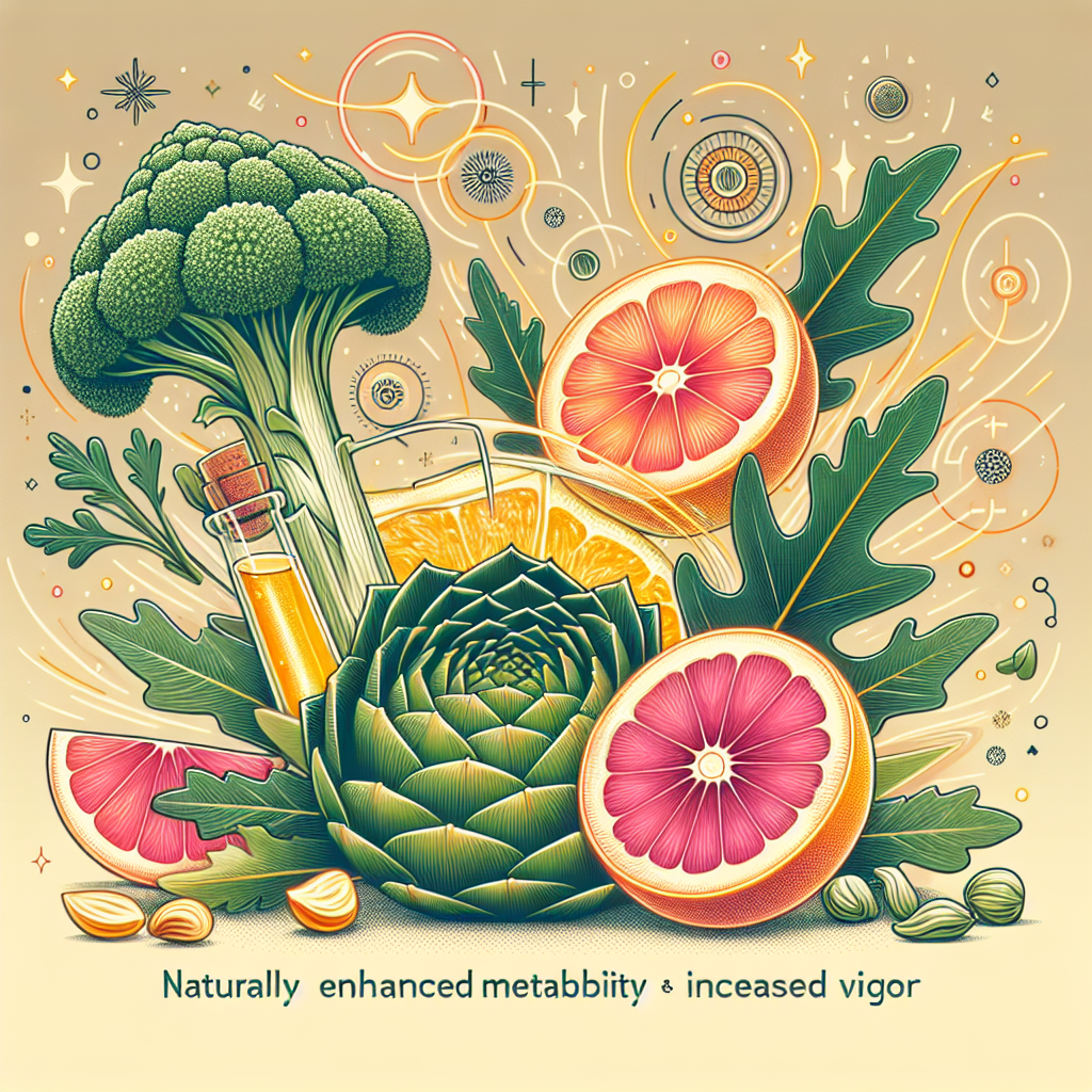 A vibrant, health-focused illustration depicting a diverse array of bitter foods: fresh chicory, dandelion leaves, an artichoke, and grapefruit slices. Behind these ingredients, subtle glowing golden lines and abstract gears symbolize a naturally boosted metabolism and increased energy. The style is bright, clean, and inviting, suitable for a health blog.