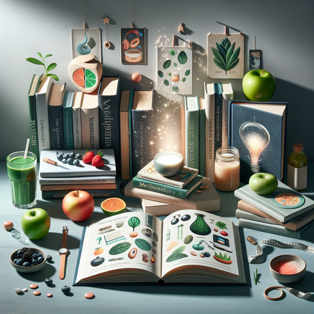 A beautifully styled flat lay featuring several modern health and wellness books, some open to reveal inspiring graphics on metabolism or healthy eating. Surrounding the books are elements symbolizing vitality and well-being: a vibrant green smoothie, fresh fruits like berries and an apple, and a subtle glowing light emanating from the open pages, representing boosted energy. The background is clean and inviting, suggesting a path to better health and energy. The overall aesthetic should be modern, clean, and optimistic.