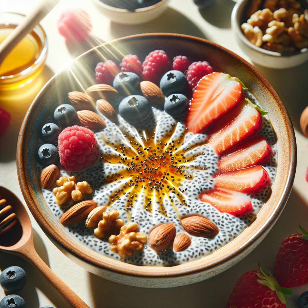 A vibrant, close-up flat lay of a healthy breakfast bowl featuring chia seed pudding with fresh berries, nuts, and a drizzle of honey. Subtle, dynamic lines of energy and a warm, golden glow emanate from the chia seeds, symbolizing an activated metabolism. Bright, natural light with a focus on freshness and vitality.