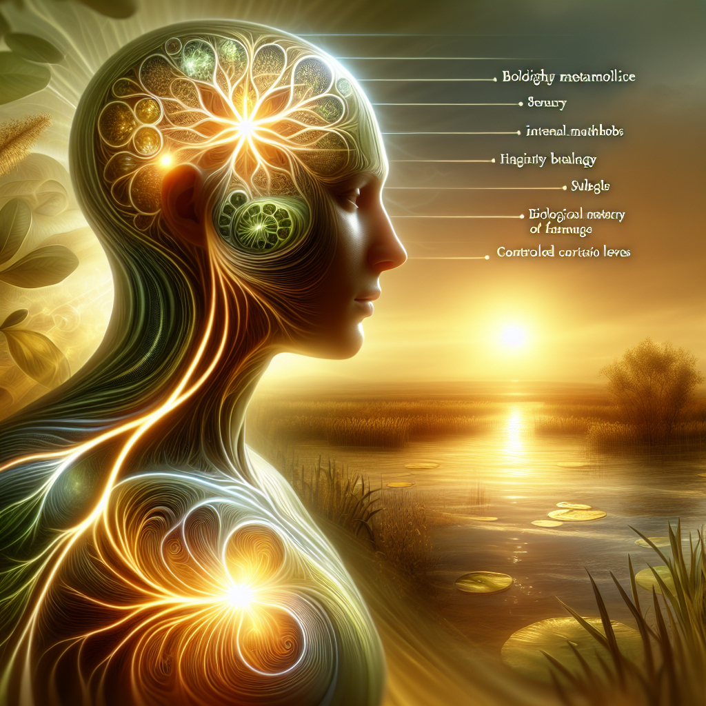 A person radiating inner calm and vitality, surrounded by subtle visual representations of an active, healthy metabolism, like a soft, internal glow or gentle energy currents circulating through their body. The background features elements of serene nature, such as soft light filtering through leaves or calm water, symbolizing natural regulation and balanced cortisol levels. The overall image evokes peace, energy, and well-being, contrasting with any hint of stress or sluggishness. Photorealistic, warm natural lighting, focus on holistic health.