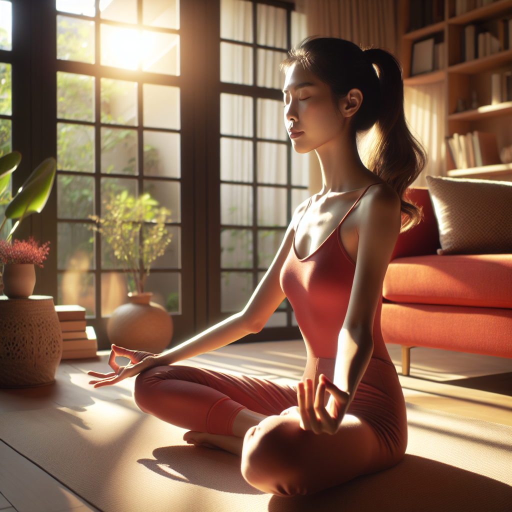 A person exuding calm energy and vibrant well-being in a sunlit, peaceful home. They are gently stretching or meditating, embodying a healthy balance between an active metabolism and reduced stress. The atmosphere is serene and inviting, with warm, natural light. Realistic, high-quality photograph style.