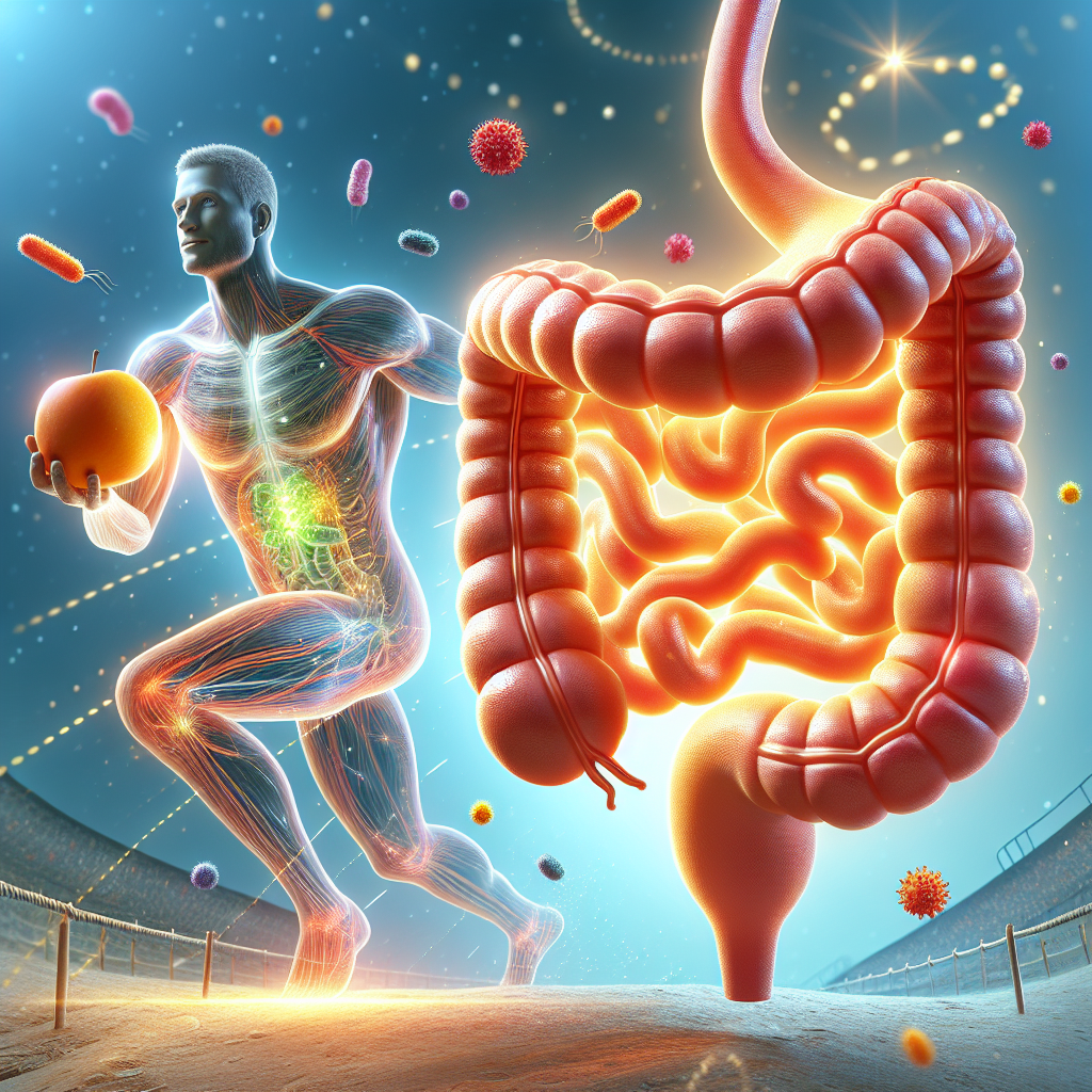 Illustrate the concept of 'activating gut metabolism'. Show a vibrant, glowing intestinal tract, depicted as a clean, energetic pathway with subtle movement and hints of beneficial microbes. In the background, a person looks energetic and healthy, perhaps holding a fresh fruit, emphasizing vitality and well-being. Clean, modern digital illustration style with bright, inviting colors.
