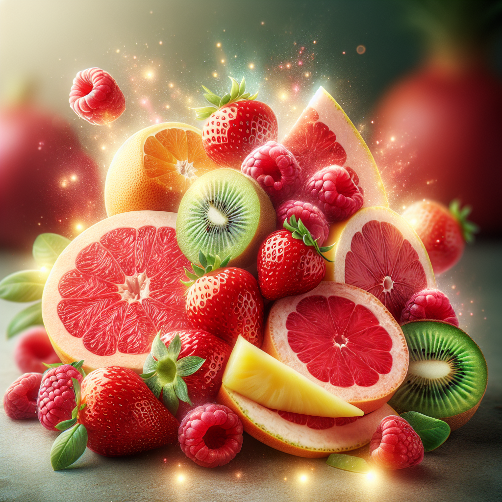 A vibrant, eye-level close-up of a dynamic and artfully arranged collection of fresh, colorful fruits known for boosting metabolism: bright red berries (strawberries, raspberries), sliced grapefruit, kiwi slices, and pineapple chunks. Subtle, glowing, energetic light trails emanate from the fruits, subtly suggesting a metabolic boost and fat burning. The background is softly blurred with a clean, healthy aesthetic, emphasizing freshness and vitality. High detail, natural lighting.