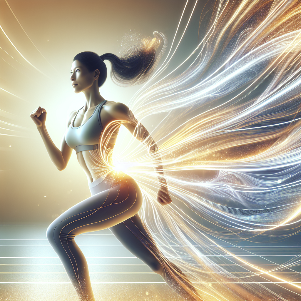 A vibrant, confident woman in her 30s-40s, with a healthy glow and an energetic expression. Abstract, glowing energy lines or swirls emanate from her core, symbolizing a boosted metabolism. She is in a graceful, active pose, perhaps with a subtle hint of stretching or dynamic movement. The background is clean and bright, suggesting wellness and vitality, possibly with subtle elements of nature or a modern gym. Optimistic color palette, digital art, high detail.