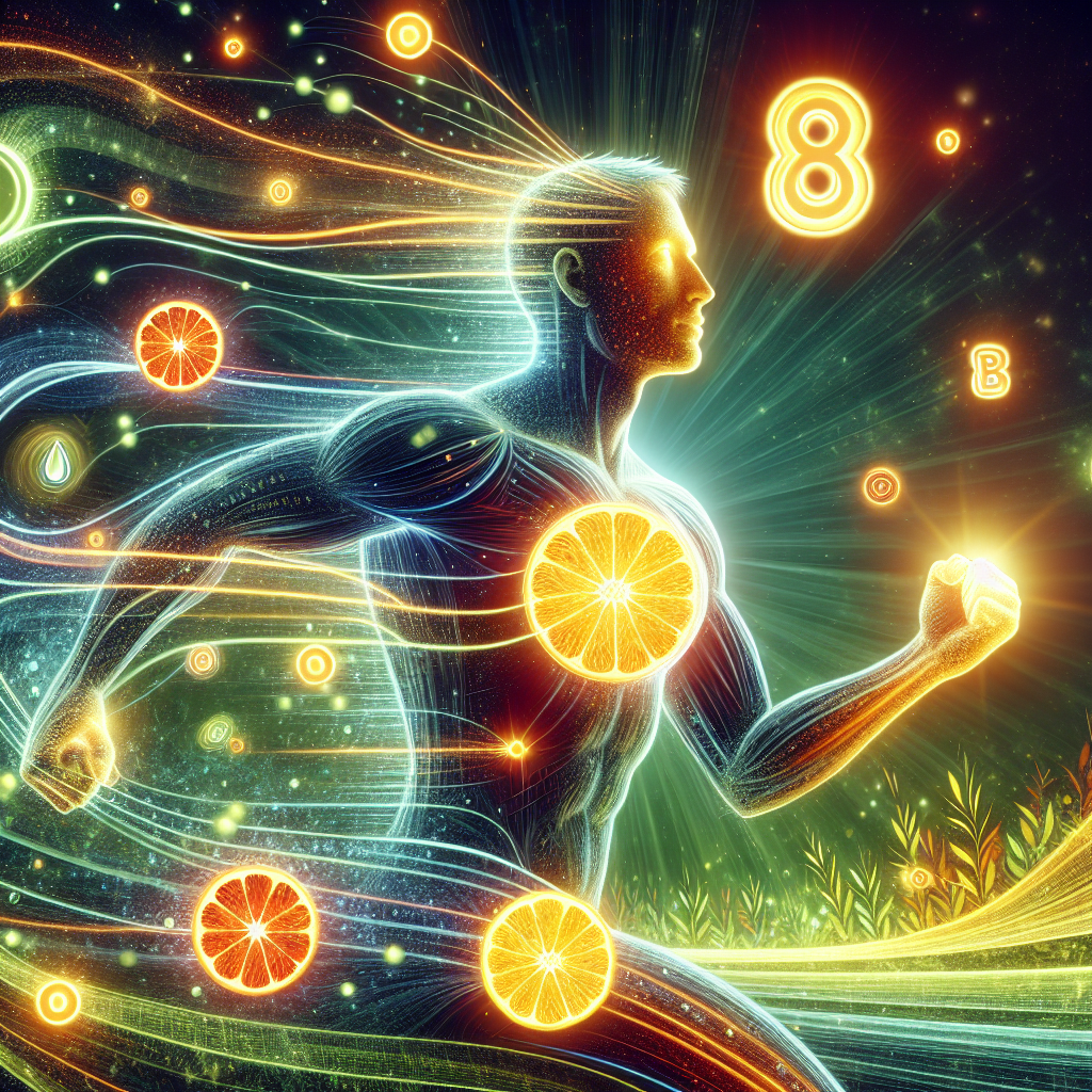 A vibrant and dynamic image showing a fit, energetic person (gender neutral) full of vitality, with stylized glowing vitamins (like B-complex symbols, oranges for Vitamin C, etc.) orbiting or flowing around them. Abstract energy lines or particles emanate from the person, symbolizing boosted metabolism and increased energy. The setting is bright and optimistic, perhaps a stylized, healthy environment. The overall mood is active, healthy, and full of life.