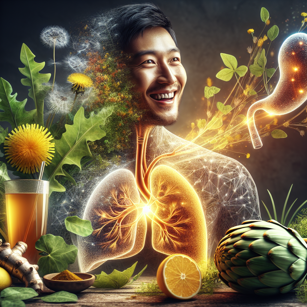 A vibrant and energetic person, smiling and feeling refreshed, with a subtle, glowing stylized human liver integrated into the background or foreground. Around them are natural elements symbolizing liver health and detox: dandelion leaves, artichoke, turmeric root, and a glass of refreshing herbal tea. The overall scene conveys vitality, natural detoxification, and a boost in metabolism, rendered in a clean, modern, and inviting style with soft, natural lighting.