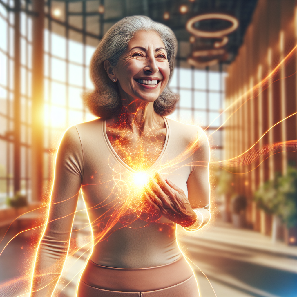 A vibrant and energetic senior woman (around 60-70 years old) with a joyful expression, engaged in a gentle, active pose such as light stretching or a brisk walk. Soft, subtle energy lines or a warm glow emanate from her core, symbolizing an activated metabolism and renewed vitality. The setting is bright and inviting, perhaps an indoor space with natural light or a serene outdoor park. Realistic style, warm colors, inspiring and hopeful atmosphere.