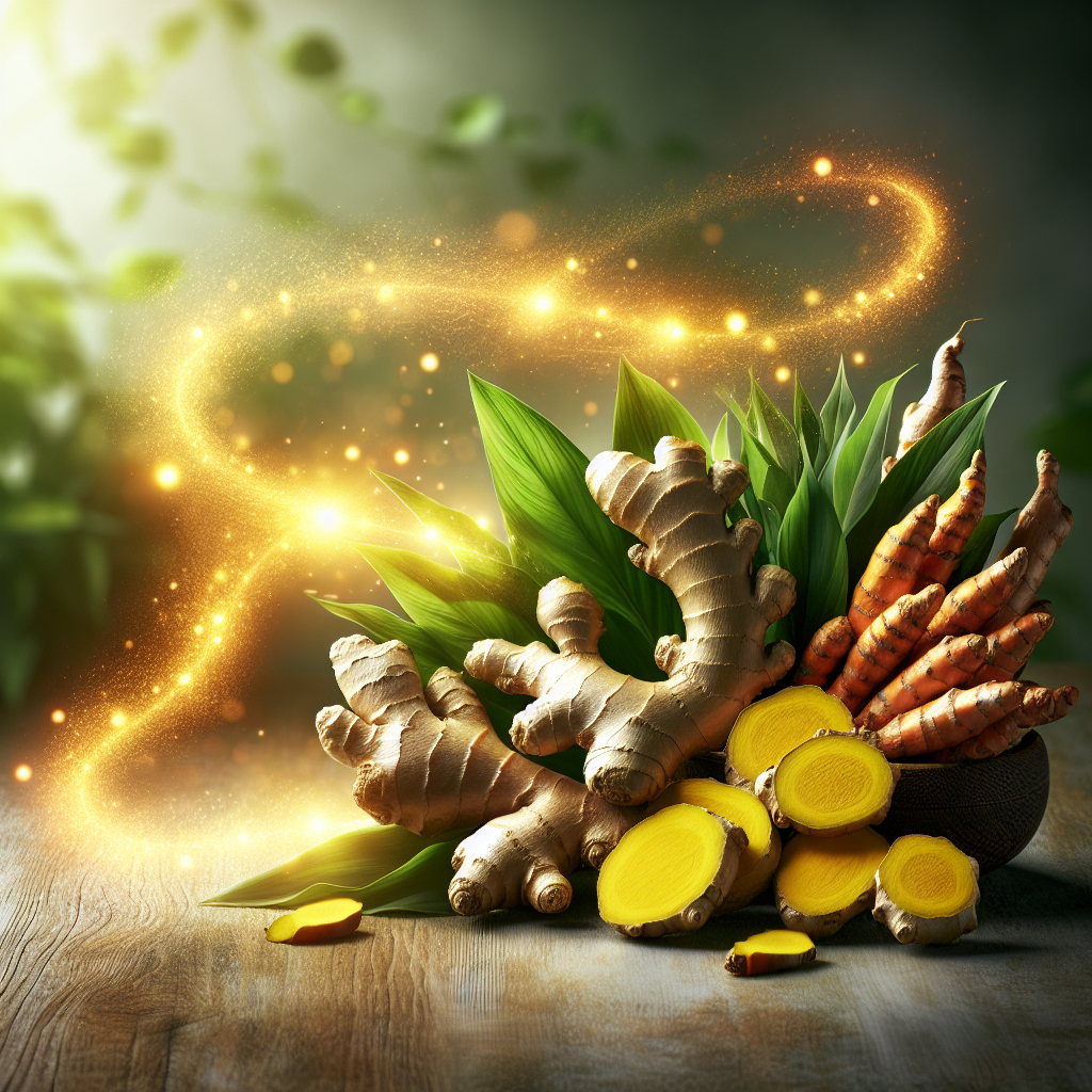 A vibrant, close-up photograph of fresh, radiant ginger roots and golden turmeric roots. They are dynamically arranged and surrounded by a warm, energetic glow and subtle, swirling light effects, symbolizing increased metabolism and natural vitality. The background is softly blurred, suggesting a healthy kitchen or a natural setting. High-quality studio lighting, inviting and clean aesthetic.