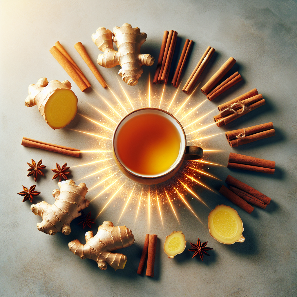 A vibrant and inviting flat lay of fresh ginger root and cinnamon sticks, artfully arranged around a steaming cup of golden herbal tea, with subtle, glowing energy lines radiating outwards. The background is a soft, natural kitchen setting, evoking warmth, health, and a sense of natural well-being. Focus on bright, appealing colors and a clean aesthetic.
