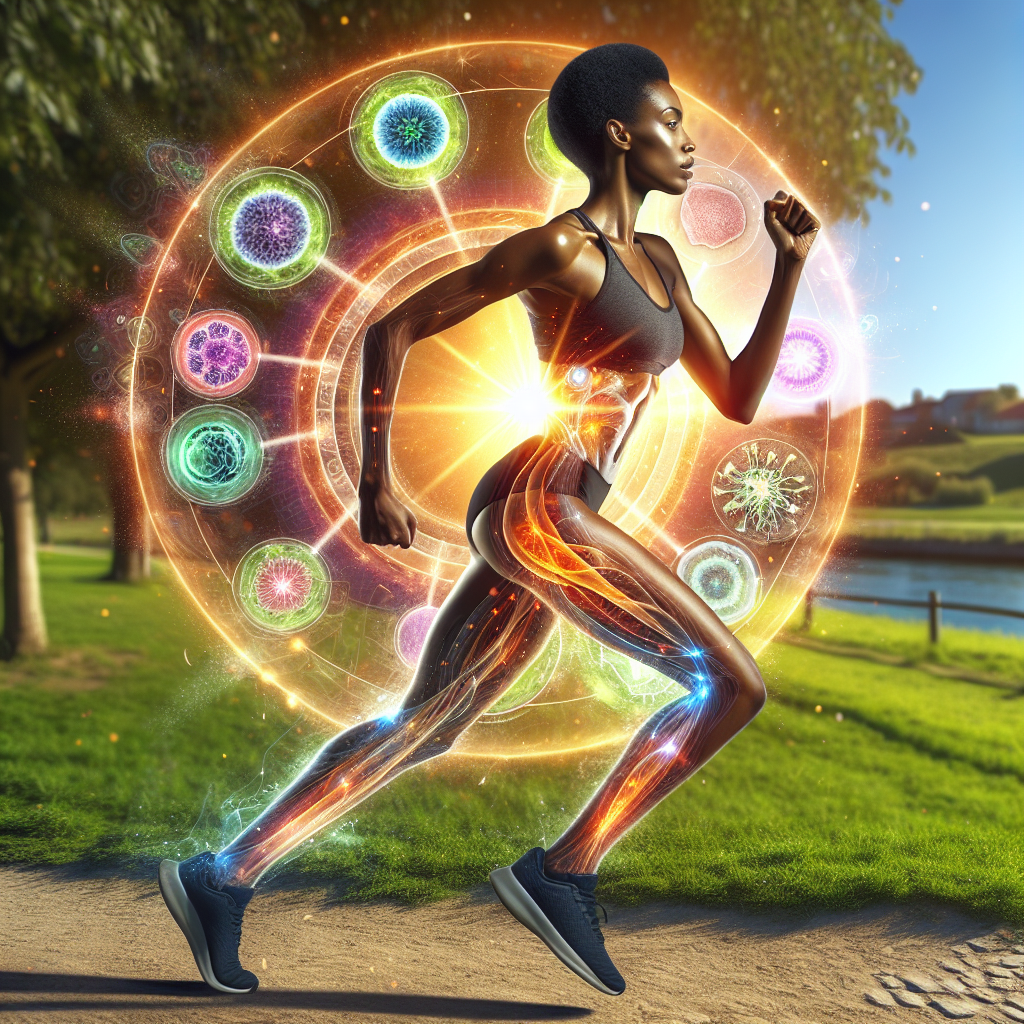 A dynamic and energetic image of a person jogging outdoors on a bright, sunny day, exuding vitality and a sense of boosted metabolism. Subtle visual effects like glowing energy lines or abstract representations of internal processes radiate from the runner, symbolizing increased energy and efficient fat burning. The setting is a vibrant, inviting park or scenic trail, with a positive and motivating atmosphere.