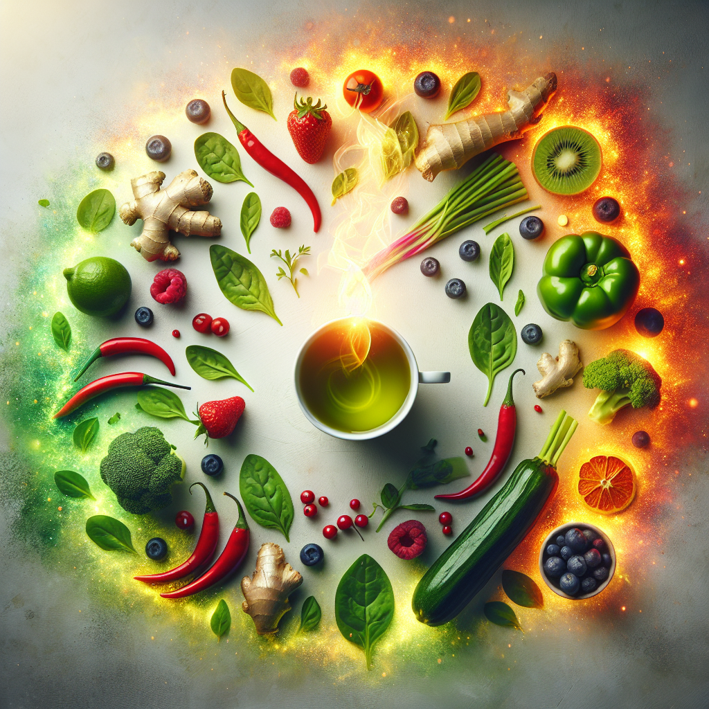 A vibrant and energetic flat lay composition featuring a steaming cup of green tea, bright red chili peppers, fresh ginger root, and other healthy metabolism-boosting foods like berries and leafy greens. Subtle light rays or a warm, active glow emanate from the foods, symbolizing increased energy and an active metabolism. The background is clean and inviting, suitable for a health blog, with a focus on fresh ingredients.