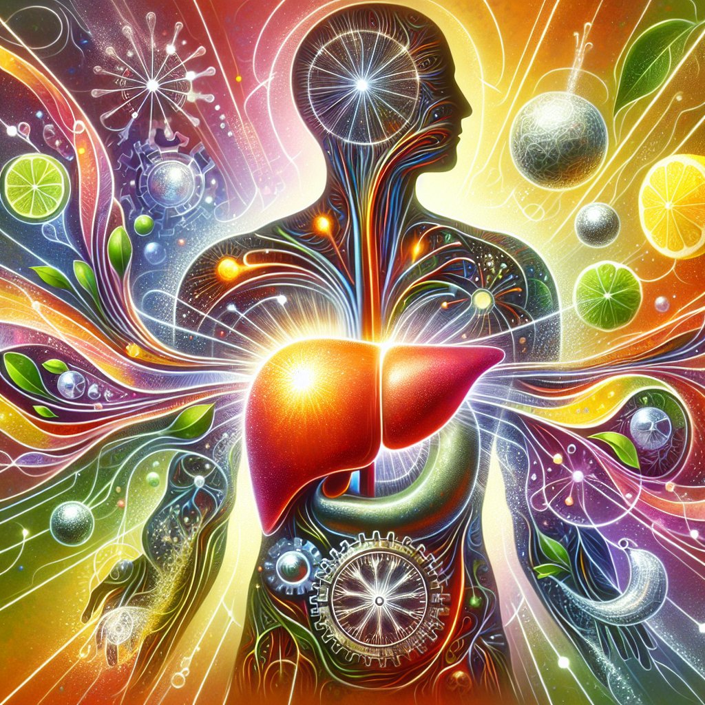 A vibrant and stylized abstract illustration showing the internal human body's core, with a prominent, glowing liver acting as a purification filter. Dynamic energy lines and subtle, interconnected gears symbolize an active metabolism, radiating vitality. Surrounding elements like fresh water droplets, subtle lemon slices, and leafy greens are integrated to represent natural detoxification and energy boost. The overall image conveys health, renewal, and a sense of internal well-being, with bright, clean colors and a hopeful atmosphere, suitable for a blog article. --ar 16:9