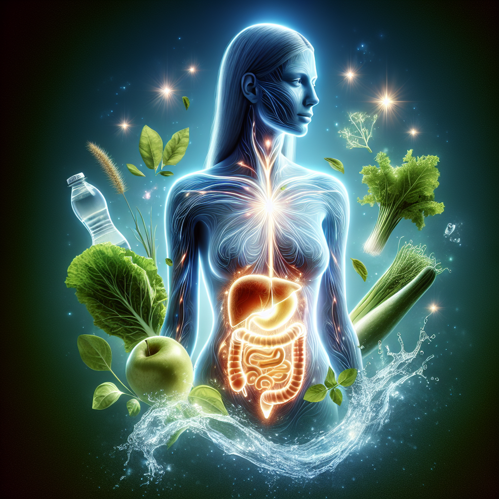 A vibrant and healthy person, with a radiant glow, embodying vitality and well-being. Subtle, flowing energy lines emanate from their core and stomach area, symbolizing an active metabolism and a purified liver. They are surrounded by fresh, natural elements like green leafy vegetables, flowing water, and a touch of sunlight. The overall atmosphere is clean, refreshing, and promotes a sense of inner balance and natural detoxification. Digital painting, natural light, high detail, serene yet energetic.