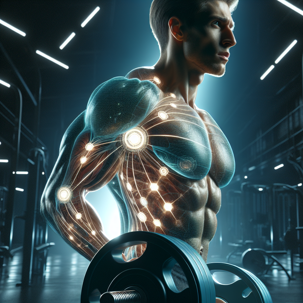 A strong, determined man in an active pose, like lifting weights or sprinting, with subtle glowing energy pathways or gears integrated into his body, symbolizing a boosted metabolism and efficient fat burning. He radiates vitality and power, set in a modern, dynamic fitness environment with cinematic lighting.