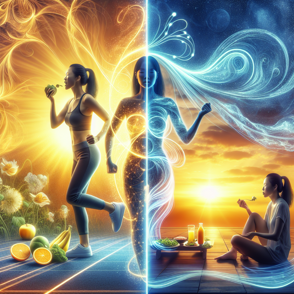 A vibrant split image showing a clear contrast between morning and evening metabolism. On the left, a dynamic scene of a person engaged in light morning exercise or enjoying a healthy, protein-rich breakfast, bathed in bright, golden sunrise light, with abstract, glowing energy lines radiating from their core, symbolizing a highly activated metabolism. On the right, a calm scene of the same person relaxing or having a light, healthy dinner under a soft, twilight sky, with more gentle, flowing energy patterns emanating from their body. The overall feeling is one of balanced energy and healthy lifestyle, emphasizing the different metabolic states throughout the day. Digital art, focus on internal energy flow.
