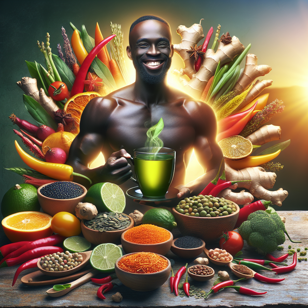 A vibrant and inviting image featuring a healthy, energetic person with a radiant smile, holding a steaming cup of green tea. Around them, an artistic arrangement of natural metabolism-boosting foods like fresh red chili peppers, colorful legumes (lentils, chickpeas), and slices of ginger. The setting is bright and natural, conveying vitality, freshness, and an active, healthy lifestyle. High-resolution, natural light photography.