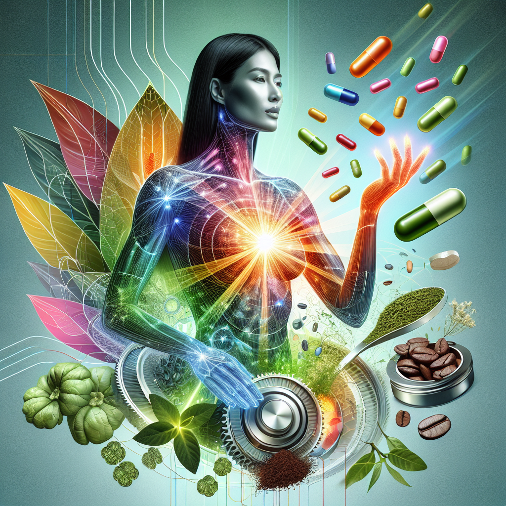 A vibrant, modern digital art illustration depicting a person with a subtly glowing, energetic core, symbolizing a boosted metabolism. Around them, sleek health supplements such as colorful capsules, green tea leaves, and coffee beans are dynamically arranged, integrated with energetic lines and abstract elements suggesting cellular activity. The overall aesthetic is clean, health-focused, and dynamic, with vibrant colors.