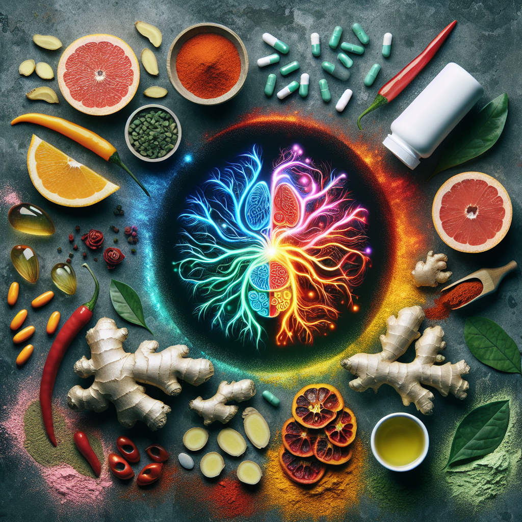 A vibrant, dynamic flat lay featuring a stylized representation of human metabolism (e.g., glowing gears or an energetic core) at its center, surrounded by an artful arrangement of metabolism-boosting ingredients: fresh ginger root, red chili peppers, green tea leaves, a few white supplement capsules, and a slice of grapefruit. The composition should be clean, modern, and evoke a sense of health and scientific wellness.