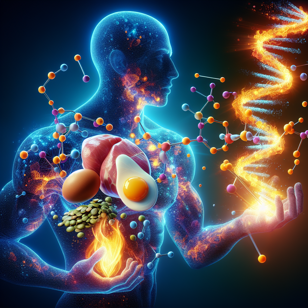 A vibrant, dynamic illustration showing stylized protein molecules or abstract representations of protein-rich foods (like a chicken breast, an egg, or lentils) igniting a glowing, energetic metabolic pathway within a subtle human silhouette. The visual should convey a 'fat burning' effect and a 'metabolism boost,' with a modern, clean, and slightly scientific aesthetic. Bright, active colors emphasize energy and transformation.