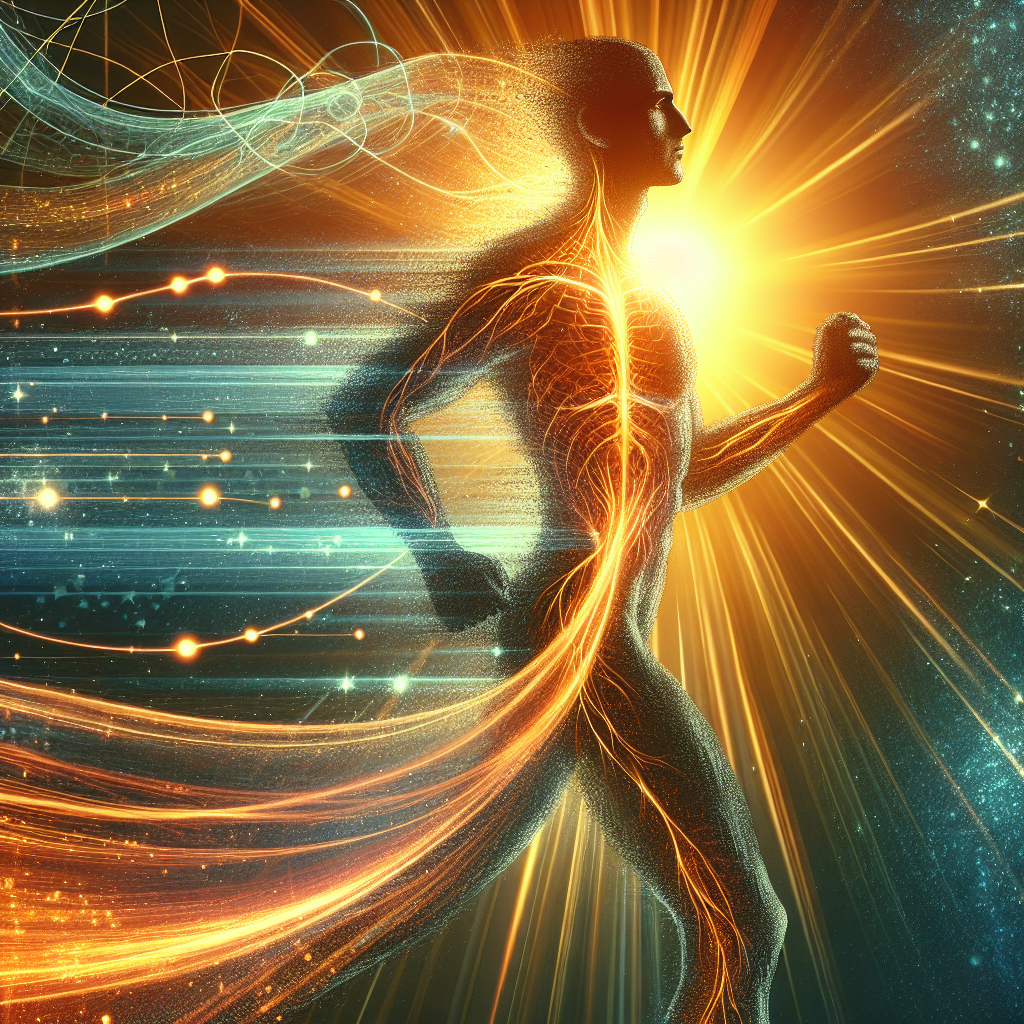 A vibrant and dynamic illustration of a human silhouette with glowing, intricate energy pathways within, symbolizing an activated and efficient metabolism. The image conveys speed, calorie burning, and fast weight loss, set against a bright, optimistic background, emphasizing health and vitality.